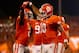 CLEMSON, SC - AUGUST 31: Tajh Boyd #10 of the Clemson Tigers and teammate Sammy Watkins #2 of the Clemson Tiger celebrates after a touchdown against the Georgia Bulldogs during their game at Memorial Stadium on August 31, 2013 in Clemson, South Carolina.