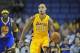 October 5, 2013; Ontario, CA, USA; Los Angeles Lakers center Robert Sacre (50) moves the ball against the Golden State Warriors during the first half at Citizens Business Bank Arena. Mandatory Credit: Gary A. Vasquez-USA TODAY Sports