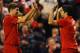 LIVERPOOL, ENGLAND - AUGUST 30: Steven Gerrard of Liverpool congratulates Luis Suarez on scoring during the UEFA Europa League play-off round second leg between Liverpool and Hearts at Anfield on August 30, 2012 in Liverpool, England. (Photo by Laurence