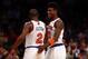 NEW YORK, NY - MAY 16: Iman Shumpert #21 of the New York Knicks celebrates with teammate Raymond Felton #2 after defeating the Indiana Pacers in Game Five of the Eastern Conference Semifinals of the 2013 NBA Playoffs at Madison Square Garden on May 16, 2
