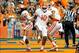 Oct 5, 2013; Syracuse, NY, USA; Clemson Tigers quarterback Tajh Boyd (10) celebrates a touchdown by running back Zac Brooks (left) during the second quarter against the Syracuse Orangeat the Carrier Dome. Clemson defeated Syracuse 49-14. Mandatory Credi