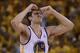May 10, 2013; Oakland, CA, USA; Golden State Warriors center Andrew Bogut (12) reacts after a play against the San Antonio Spurs during the third quarter of game three of the second round of the 2013 NBA Playoffs at Oracle Arena. The Spurs defeated the Wa