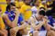 May 16, 2013; Oakland, CA, USA; Golden State Warriors center Andrew Bogut (12, left) and shooting guard Klay Thompson (11, right) react against the San Antonio Spurs during the fourth quarter in game six of the second round of the 2013 NBA Playoffs at Ora