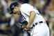 Oct 8, 2013; Detroit, MI, USA; Detroit Tigers pitcher Max Scherzer reacts after getting out of a bases loaded situation in the 8th inning of game four of the American League divisional series playoff baseball game against the Oakland Athletics at Comerica