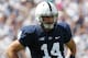 Sep 7, 2013; University Park, PA, USA; Penn State Nittany Lions quarterback Christian Hackenberg (14) during the first quarter against the Eastern Michigan Eagles at Beaver Stadium. Mandatory Credit: Matthew O'Haren-USA TODAY Sports