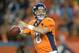 Sep 23, 2013; Denver, CO, USA; Denver Broncos quarterback Peyton Manning (17) throws a pass against the Oakland Raiders at Sports Authority Field at Mile High. Mandatory Credit: Kirby Lee-USA TODAY Sports