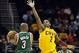 Oct 8, 2013; Cleveland, OH, USA; Cleveland Cavaliers point guard Kyrie Irving (2) defends Milwaukee Bucks forward Caron Butler (3) in the second quarter at Quicken Loans Arena. Mandatory Credit: David Richard-USA TODAY Sports
