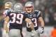 Dec 16, 2012; Foxboro, Massachusetts, USA; New England Patriots running back Danny Woodhead (39) and wide receiver Wes Welker (83) react during the fourth quarter against the San Francisco 49ers at Gillette Stadium. The San Francisco 49ers won 41-34. Man