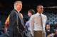 NEW YORK, NY - APRIL 20: Danny Ainge, president of Basketball Operations for the Boston Celtics, left, stands on court with Rajon Rondo #9 before Game One of the Eastern Conference Quarterfinals between the Celtics and New York Knicks during the 2013 NBA