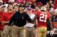 SAN FRANCISCO, CA - OCTOBER 06: Head coach Jim Harbaugh of the San Francisco 49ers high-fives Frank Gore #21 against the Houston Texans during their game at Candlestick Park on October 6, 2013 in San Francisco, California. (Photo by Ezra Shaw/Getty Imag