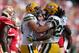 SAN FRANCISCO, CA - SEPTEMBER 08: Running back Eddie Lacy (R) #27 of the Green Bay Packers celebrates a touchdown with David Bakhtiari #69 against the San Francisco 49ers in the fourth quarter at Candlestick Park on September 8, 2013 in San Francisco, Ca