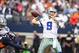 Oct 6, 2013; Arlington, TX, USA; Dallas Cowboys quarterback Tony Romo (9) throws in the pocket against the Denver Broncos at AT&T Stadium. Mandatory Credit: Matthew Emmons-USA TODAY Sports