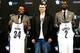 Jul 18, 2013; Brooklyn, NY, USA; From left Paul Pierce , owner Mikhail Prokhorov , Kevin Garnett , and Jason Terry during a press conference to introduce the newest members of the Brooklyn Nets at Barclays Center. Mandatory Credit: Debby Wong-USA TODAY S