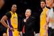 LOS ANGELES, CA - APRIL 17: Head Coach Mike D'Antoni of the Los Angeles Lakers speaks with Dwight Howard #12 and Pau Gasol #16 during a game against the Houston Rockets at Staples Center on April 17, 2013 in Los Angeles, California. NOTE TO USER: User exp