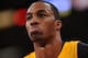 LOS ANGELES, CA - APRIL 26: Dwight Howard #12 of the Los Angeles Lakers reacts against the San Antonio Spurs at Staples Center in Game Three of the Western Conference Quarterfinals during the 2013 NBA Playoffs on April 26, 2013 in Los Angeles, California.