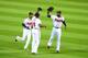 ATLANTA, GA - OCTOBER 04: B.J. Upton #2, Justin Upton #8 and Jason Heyward #22 of the Atlanta Braves celebrate after defeating the Los Angeles Dodgers during Game Two of the National League Division Series at Turner Field on October 4, 2013 in Atlanta, Ge