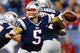 FOXBORO, MA - AUGUST 29: Tim Tebow #5 of the New England Patriots throws a pass against the New York Giants in the second half during the preseason game at Gillette Stadium on August 29, 2013 in Foxboro, Massachusetts. (Photo by Jared Wickerham/Getty Imag