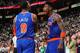 BOSTON, MA - MAY 3: J.R. Smith #8 and Iman Shumpert #21 of the New York Knicks celebrate against the Boston Celtics in Game Six of the Eastern Conference Quarterfinals during the NBA Playoffs on May 3, 2013 at the TD Garden in Boston, Massachusetts. NOT