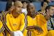Oct 8, 2013; Ontario, CA, USA; Los Angeles Lakers forward Robert Sacre (left) and guard Kobe Bryant during the game against the Denver Nuggets at Citizens Business Bank Arena. The Lakers defeated the Nuggest 90-88. Mandatory Credit: Kirby Lee-USA TODAY Sp