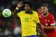BASEL, SWITZERLAND - AUGUST 14: Dante of Brazil (L) is challenged by Haris Seferovic of Switzerland during the international friendly match between Switzerland and Brazil at St. Jakob Stadium on August 14, 2013 in Basel, Switzerland. (Photo by Daniel Kop