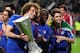 AMSTERDAM, NETHERLANDS - MAY 15: (L-R) David Luiz, Ramires and Oscar of Chelsea pose with trophy during the UEFA Europa League Final between SL Benfica and Chelsea FC at Amsterdam Arena on May 15, 2013 in Amsterdam, Netherlands. (Photo by Jamie McDonald