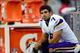 Sep 8, 2013; Detroit, MI, USA; Minnesota Vikings quarterback Christian Ponder (7) on the bench in the first quarter against the Detroit Lions at Ford Field. Mandatory Credit: Andrew Weber-USA TODAY Sports