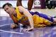 Mar 22, 2013; Los Angeles, CA, USA; Los Angeles Lakers point guard Steve Nash (10) falls to the floor in the second half of the game against the Washington Wizards at the Staples Center. Wizards won 103-100. Mandatory Credit: Jayne Kamin-Oncea-USA TODAY