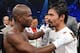 LAS VEGAS, NV - JUNE 09: (L-R) Timothy Bradley and Manny Pacquiao talk in the ring after Bradley defeated Pacquiao by split decision to win the WBO welterweight championship at MGM Grand Garden Arena on June 9, 2012 in Las Vegas, Nevada. (Photo by Kevor
