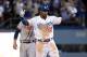 LOS ANGELES, CA - OCTOBER 07: Yasiel Puig #66 of the Los Angeles Dodgers celebrates on second base after hitting a double in the eighth inning against the Atlanta Braves in Game Four of the National League Division Series at Dodger Stadium on October 7,