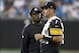Aug 29, 2013; Charlotte, NC, USA; Pittsburgh Steelers head coach Mike Tomlin talks with quarterback Ben Roethlisberger (7) on the sideline during the first quarter against the Carolina Panthers at Bank of America Stadium. Mandatory Credit: Jeremy Brevard-