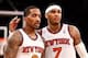 Feb. 27, 2013; New York, NY, USA; New York Knicks small forward Carmelo Anthony (7) pats shooting guard J.R. Smith (8) on the back against the Golden State Warriors during the fourth quarter at Madison Square Garden. Knicks won 109-105. Mandatory Credit: