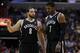 January 4, 2013; Washington, DC, USA; Brooklyn Nets point guard Deron Williams (8) talks with Nets shooting guard Joe Johnson (7) against the Washington Wizards in overtime at Verizon Center. The Nets won in double overtime 115-113. Mandatory Credit: Geo