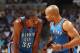 MEMPHIS, TN - MAY 11: Derek Fisher #6 of the Oklahoma City Thunder shares a word with teammate Kevin Durant #35 in Game Three of the Western Conference Semifinals against the Memphis Grizzlies during the 2013 NBA Playoffs on May 11, 2013 at FedExForum in