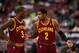 Oct 17, 2012; Philadelphia, PA, USA; Cleveland Cavaliers guard Kyrie Irving (2) talks with guard Dion Waiters (3) during the second quarter against the Philadelphia 76ers at the Wachovia Center. Mandatory Credit: Howard Smith-USA TODAY Sports