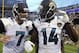 Aug 24, 2013; Jacksonville, FL, USA; Jacksonville Jaguars quarterback Chad Henne (7) congratulates wide receiver Justin Blackmon (14) after he caught a touchdown pass during the first quarter of their game against the Philadelphia Eagles at EverBank Field