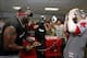 Oct 8, 2013; St. Petersburg, FL, USA; Boston Red Sox designated hitter David Ortiz (left) and Boston Red Sox second baseman Dustin Pedroia (right) celebrate in the locker room as they pour champagne on them as they beat the Tampa Bay Rays of game four of