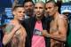 LAS VEGAS, NV - OCTOBER 11: Boxer Miguel Cotto (C) stands between boxers Orlando Cruz (L) and Orlando Salido as they pose at the Encore Theater at Wynn Las Vegas during the official weigh-in for their bout on October 11, 2013 in Las Vegas, Nevada. Cruz a