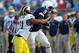 Oct 12, 2013; University Park, PA, USA; Penn State Nittany Lions cornerback Jordan Lucas (9) intercepts the ball during the first quarter against the Michigan Wolverines at Beaver Stadium. Mandatory Credit: Matthew O'Haren-USA TODAY Sports
