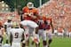 Oct 12, 2013; Clemson, SC, USA; Clemson Tigers quarterback Tajh Boyd (10) celebrates with teammates after scoring a touchdown during the second half against the Boston College Eagles at Clemson Memorial Stadium. Tigers won 24-14. Mandatory Credit: Joshua