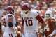 Oct 12, 2013; Dallas, TX, USA; Oklahoma Sooners quarterback Blake Bell (10) leaves the field after a play against the Texas Longhorns during the Red River Rivalry at Cotton Bowl Stadium. The Texas Longhorns beat the Oklahoma Sooners 36-20. Mandatory Credi