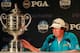 ROCHESTER, NY - AUGUST 11: Jason Dufner of the United States speaks with the media alongside the Wanamaker Trophy after his two-stroke victory at the 95th PGA Championship at Oak Hill Country Club on August 11, 2013 in Rochester, New York. (Photo by Sam