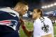 FOXBORO, MA - OCTOBER 13: Tom Brady #12 of the New England Patriots and Drew Brees #9 of the New Orleans Saints talk after the game at Gillette Stadium on October 13, 2013 in Foxboro, Massachusetts.The New England Patriots defeated the New Orleans Sain