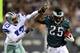 PHILADELPHIA, PA - NOVEMBER 11: Gerald Sensabaugh #43 of the Dallas Cowboys shoves LeSean McCoy #25 of the Philadelphia Eagles out of bounds on November 11, 2012 at Lincoln Financial Field in Philadelphia, Pennsylvania.The Dallas Cowboys defeated the Ph