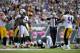Oct 13, 2013; East Rutherford, NJ, USA; New York Jets quarterback Geno Smith (7) lies on the field after being sacked by the Pittsburgh Steelers during the first half at MetLife Stadium. Mandatory Credit: Joe Camporeale-USA TODAY Sports