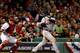 BOSTON, MA - OCTOBER 13: Alex Avila #13 of the Detroit Tigers hits a two run home run in the sixth inning against the Boston Red Sox during Game Two of the American League Championship Series at Fenway Park on October 13, 2013 in Boston, Massachusetts.