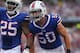 ORCHARD PARK, NY - OCTOBER 13: Kiko Alonso #50 of the Buffalo Bills and Da'Norris Searcy #25 celebrate after stopping the Cincinnati Bengals during NFL game action at Ralph Wilson Stadium on October 13, 2013 in Orchard Park, New York. (Photo by Tom Szcze
