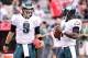Sept. 23, 2012; Glendale, AZ, USA; Philadelphia Eagles quarterback Nick Foles (9) and quarterback Michael Vick (7) during the game against the Arizona Cardinals at University of Phoenix Stadium. The Cardinals defeated the Eagles 27 - 6. Mandatory Credit: