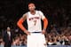 May 7, 2013; New York, NY, USA; New York Knicks small forward Carmelo Anthony (7) reacts on the court against the Indiana Pacers during the second half in game two of the second round of the 2013 NBA Playoffs at Madison Square Garden. Knicks win 105-79. M