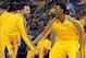 Oct 8, 2013; Ontario, CA, USA; Los Angeles Lakers guards Jordan Farmar (left) and Nick Young react before the game against the Denver Nuggets at Citizens Business Bank Arena. The Lakers defeated the Nuggest 90-88. Mandatory Credit: Kirby Lee-USA TODAY Spo