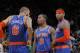 OAKLAND, CA - MARCH 11: Tyson Chandler #6, J.R. Smith #8 and Carmelo Anthony #7 of the New York Knicks in a game against the Golden State Warriors on March 11, 2013 at Oracle Arena in Oakland, California. NOTE TO USER: User expressly acknowledges and agre
